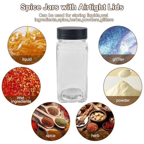 24Pcs Spice Jars Containers with Labels，4oz Black Seasoning Bottles with Shaker Lids for Rack, Cabinet, Drawer,Empty Square Condiment Pots (24, Black)