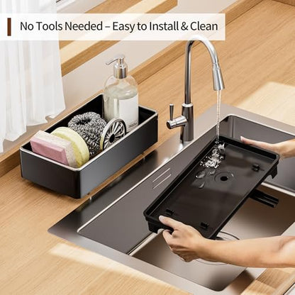 Sponge Holder for Kitchen Sink, Rustproof Stainless Steel Black | Large Capacity/360° Rotating Drain Keeps Counter Dry/Holds Sponges & Soap Bottle/Easy-Clean Removable Tray
