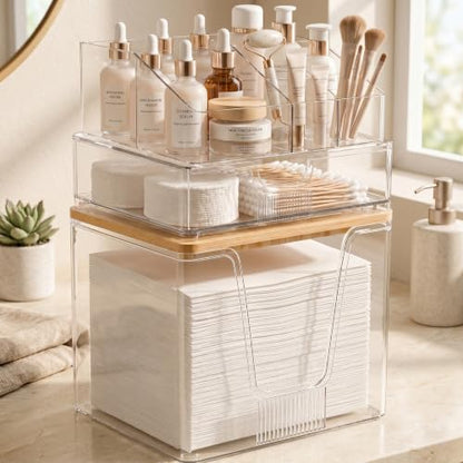 SPOSPO 3-in-1 Disposable Facial Towel Holder & Makeup Organizer | Cotton Ball/Swabs Dispenser, Vanity Holder with Bamboo Lid Compatible with Clean Skin Club Towel XL for Bathroom Coutertop