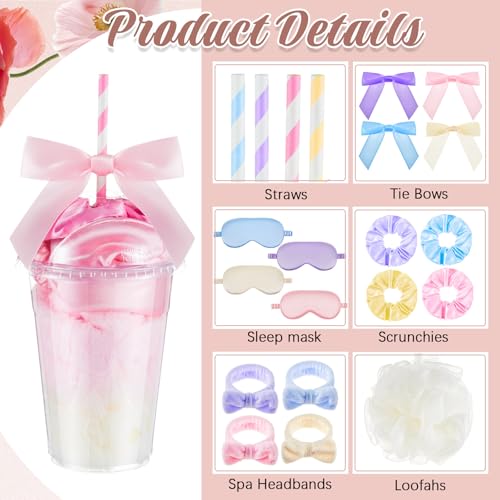 Nitial 56 Pcs Spa Party Supplies Including Spa Headband Sleep Eye Mask Velvet Scrunchies Bath Loofah Sponges Plastic Cup with Lids Straws for Sleepover Slumber Party Gift (Pink Purple Blue Yellow)