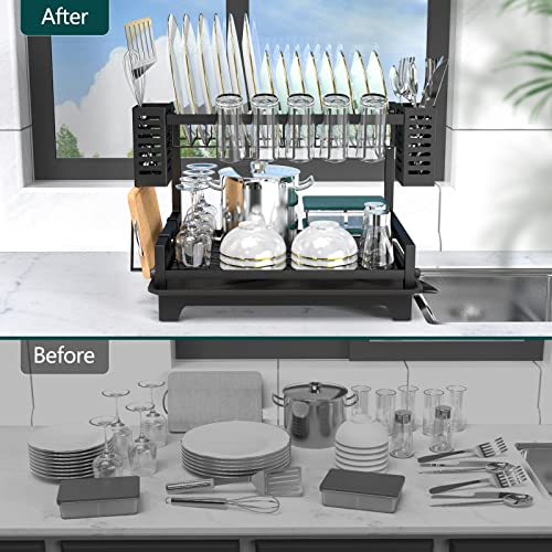 Dish Drying Rack: 2 Tier Dish Racks for Kitchen Counter and Sink | Large Dish Drying Rack with Drainboard & Utensil Holders - Stainless Steel Dish Drainers Kitchen Organization and Storage