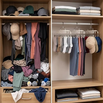 2 Pack Pants Hangers with 40 Clips, Stainless Steel Space Saving Closet Organizer for Hats Leggings Jeans, Dual Row Hangers for Dorm Room Essentials (Off-White)