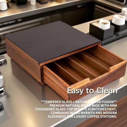 Tempered Glass and Natural Wood Coffee Pod Drawer Organizer - 20 Capsule Multifunctional K Cup Storage | Countertop Coffee Station Organizer for Home/Office (Black)