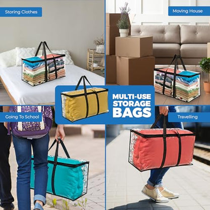 Clear Moving Bag (4-Pack) 25x14x12 - Zipper, Blankets, Breathable | Breathable Non-Woven Sides, Foldable, Comforters, Bedding, Clothes, Sweaters, College, Dorm, Packing