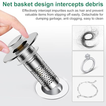 Bathroom Sink Drain Strainer,Universal Pop-Up Sink Stopper Hair Catcher, Anti-Clog Stainless Steel Drain Filter Basket, Removable Sink Drain for Bathroom Sink Stopper