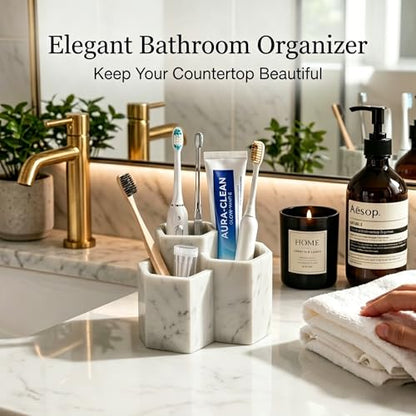 Resin Toothbrush Holder, 3-Slot Bathroom Countertop Organizer | 3-slot resin holder organizes toothbrushes, toothpaste, razors, and makeup brushes for bathroom vanity, countertop, or shower