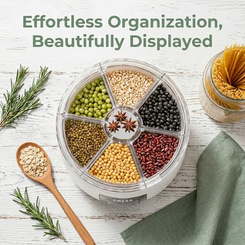 Rotating Grain Storage Bin 6 Grids Rice Container One-Click Output Large Capacity Food Dispenser For Rice Grains Sealed Moisture Proof Organizer (Black)