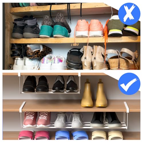 CroBlissful 2 Pcs Expandable Shoe Rack Organizer for Closet 16.5-31.5 Inch Adjustable Retractable Hanging Cabinet Shoe Shelf Dorm Room Storage for Space Saving (White)