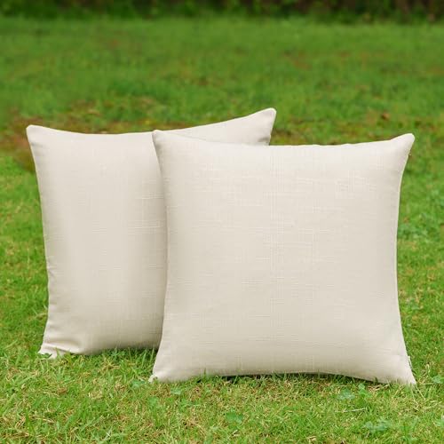 NiNi ALL Outdoor Waterproof Beige Throw Pillow Covers Set of 2 18x18 Inch Faux Linen Texture Decorative Farmhouse Solid Water Resistant Cushion Covers for Tent Patio Garden Couch Sofa