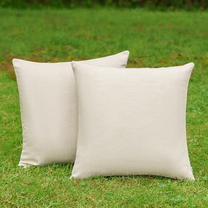 NiNi ALL Outdoor Waterproof Beige Throw Pillow Covers Set of 2 18x18 Inch Faux Linen Texture Decorative Farmhouse Solid Water Resistant Cushion Covers for Tent Patio Garden Couch Sofa