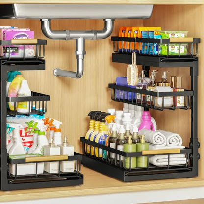 Under Sink Organizer and Storage 2 Pack 3 Tier Kitchen Bathroom Organizers | 3 Tier Black Undersink Organizers - Pull Out Cabinet Organization for Home Shelves and Drawers Cleaning Supplies Organizer