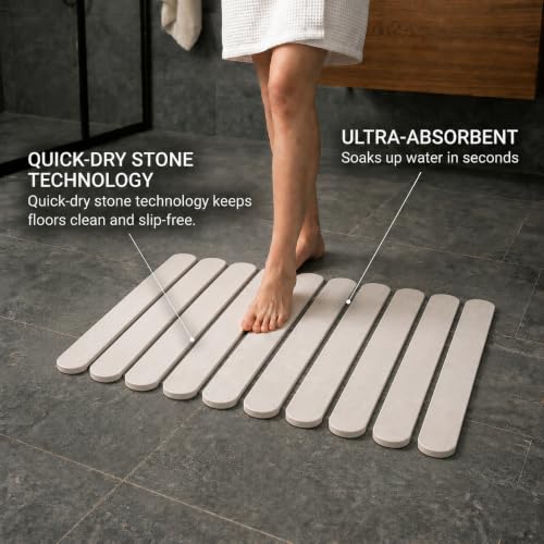 Foldable Stone Bath Mat Large 30" x 17" – Diatomaceous Earth Quick Drying Non-Slip Bathroom Mat – Super Absorbent Diatomite Mat, Durable & Easy to Clean, Modern (White, Large 30" x 17")