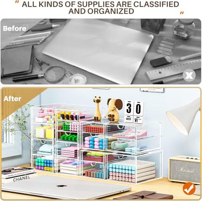 4-Pack Acrylic 16-Drawer Storage & Makeup Organizer for Desk | Smooth-glide drawers, clear acrylic, stackable, dustproof, wipe clean, for office supplies, pens, jewelry, makeup