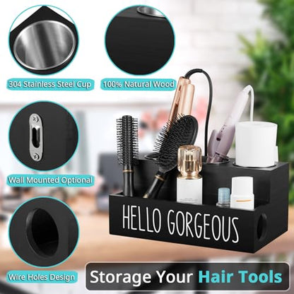 Hair Tool Organizer, Wooden Hair Dryer Holder Countertop, Wall Mount Hot Tools Organizer for Hair Styling Accessories, Bathroom Supplies Vanity Caddy for Curling Wand, Blow Dryer, Black