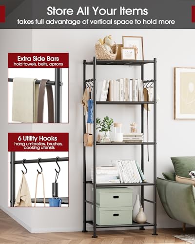 Storage Shelves - 5-Tier Large Capacity Shelf Organizer with Hooks, Heavy-Duty Garage Shelving with Leveling Feet, Wobble-Free Rack for Bedroom, Balcony, Garage, 18.1"×12.4"×56.8", Black