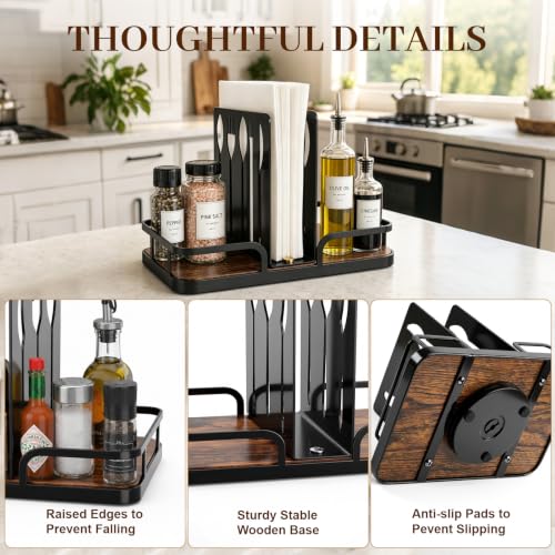 Napkin Holder for Table with Salt and Pepper Shakers Caddy, Farmhouse Kitchen Counter Organizer with Bamboo Base, Dining Table Napkin Holder for Restaurant Home Decor