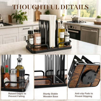 Napkin Holder for Table with Salt and Pepper Shakers Caddy, Farmhouse Kitchen Counter Organizer with Bamboo Base, Dining Table Napkin Holder for Restaurant Home Decor