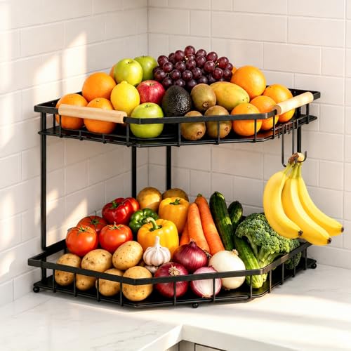 2 Tier Corner Fruit Basket for Kitchen Counter With 2 Banana Hangers | Space-Saving Corner Design, 2 Protective Mats,Wooden Handle,Fruit Holder For Fruit and Vegetable Storage,Counter Fruit Stand