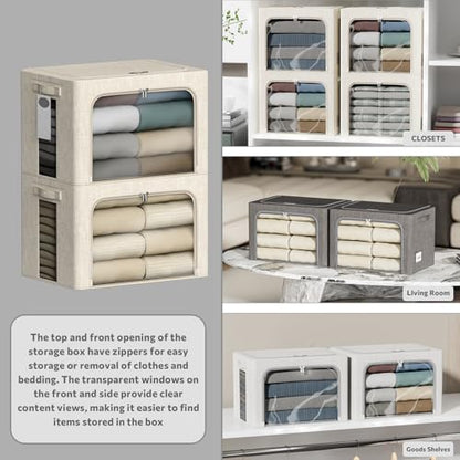 4 Pack Clothes Storage Bins with Metal Frame - 22L Stackable Storage Box with Lid，Foldable Storage Container Organizer for Clothes，Linen Fabric Storage Box with Clear Window＆Zippers＆Handles