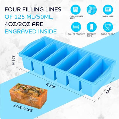 Silicone Freezer Molds with Lids, 1/2 Cup Soup Freezer Container Reinforced Steel Ring Top for freezing Soup Sauce Broth Leftovers, Silicone Freezer tray 2-Pack, Oven & Dishwasher Safe