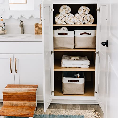 OrganiHaus 15x11in Canvas Storage Baskets 3 Pack - Fabric Bins for Shelves | Vegan leather handles; a decorative closet organizer for clothes, shoes, or toys; bedroom container