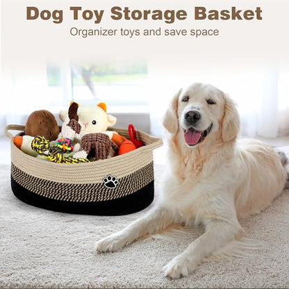 Optish 40L Extra Large Dog Toy Basket, XL Toy Storage Box and Bin with Handles, 20" x 14" x 9" Woven Cotton Rope Foldable Basket for Blankets, Living Room, Bedroom, Home Decor, Black & Brown
