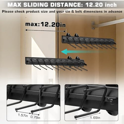Sliding Tie Racks, 18 Tie Hanger 16.5'' Pull Out Belt Rack for Closet | Aluminum Alloy Extendable Wardrobe Closet Organizer with 18 Hooks for Belts, Ties, Scarves, 16.5'' x 3.15'' (Sprayed Black)