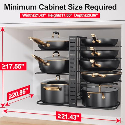 MUDEELA 8-Tier Lightweight Pots and Pans Organizer under Cabinet, 14.55" H | 3 DIY Methods, Adjustable pot rack, Fits 6"-11" pots and pans, Pot lid organizer inside cabinet, Kitchen storage