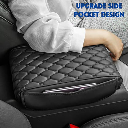 Car Armrest Cushion Pad Auto Center Console Cover with Storage Bag Memory Foam Arm Rest Console Pad Leather Universal Fit for Most Vehicles (Thick Pad, Black)