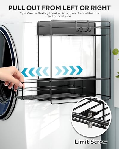 Nieifi Magnetic Shelves for Washing Machine, Magnetic Laundry Organizer | Heavy duty, 2 tier, pull out drawer, 2 hooks, dryer organizer, laundry room storage, magnetic spice rack, black