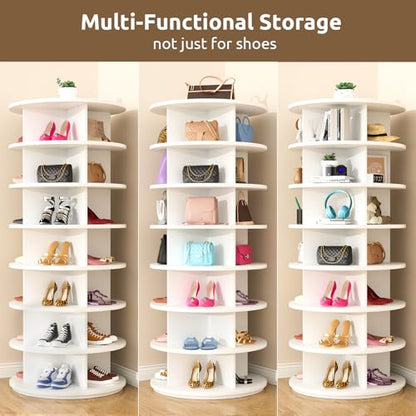 Rotating Shoe Rack 7 Tier Spinning Shoes Organizer Tower for 28-32 Pairs Lazy Susan 360 Revolving Shoe Storage Cabinet Rotate Shoe Handbag Rack Round Carousel for Closet, Bedroom (White)