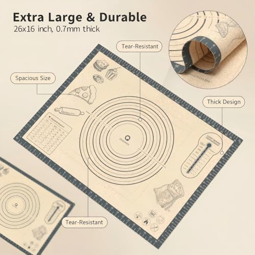 Silicone Baking Pastry Dough Mat - 26x16Inch Extra Large Cookie Bread Rolling Mats Sheet, Nonstick Kitchen Counter Kneading Board,Thick Reusable Pie Cookies Pizza Fondant Making Matt Measurement(Gray)