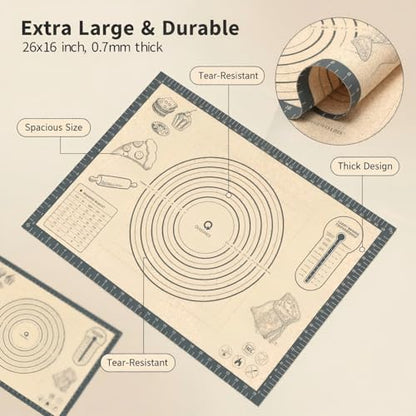 Silicone Baking Pastry Dough Mat - 26x16Inch Extra Large Cookie Bread Rolling Mats Sheet, Nonstick Kitchen Counter Kneading Board,Thick Reusable Pie Cookies Pizza Fondant Making Matt Measurement(Gray)