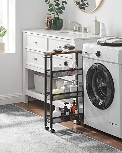 VASAGLE Slim Rolling Cart, 4-Tier Narrow Storage Cart with Handle, 5.1 Inches Deep, Metal Frame, for Kitchen, Dining Room, Living Room, Home Office, Rustic Brown and Classic Black ULRC032B01V1