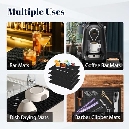 4 Pack Rubber Bar Mats for Countertop 18x12 Inch Black Silicone Bar Coffee Mat for Bartending Dish Drying Matt Home Bars Counter Cocktail Non Spill Mat for Bartender Bar Service Table Top Accessories