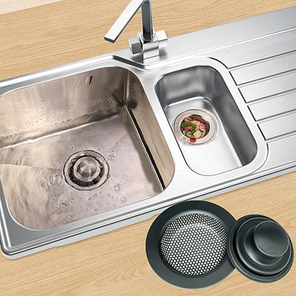 RQYEKDO 4.5" Stainless Sink Strainer Black Food Catcher Drain Plug | Wide anti-rust flared rim, matte dark coating, smooth holes speed drainage, block clogs, easy lift for quick cleaning