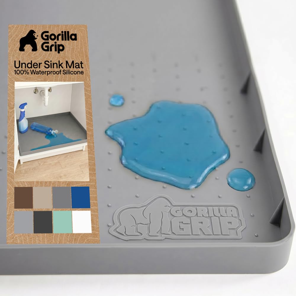 GORILLA GRIP Waterproof Silicone Under Sink Mat with Raised Lip for Kitchen and Bathroom, 34 x 22 in, Cabinet Shelf Liner Stay in Place Mats Dishwasher Safe Drawer Liner, Organizer Tray, Gray