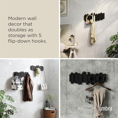 Umbra Sticks Wall Mount Coat Rack, 5 Hook Retractable Pegs, Black | Mounting hardware included, sculptural modern design, entryway or bedroom use, recycled plastic