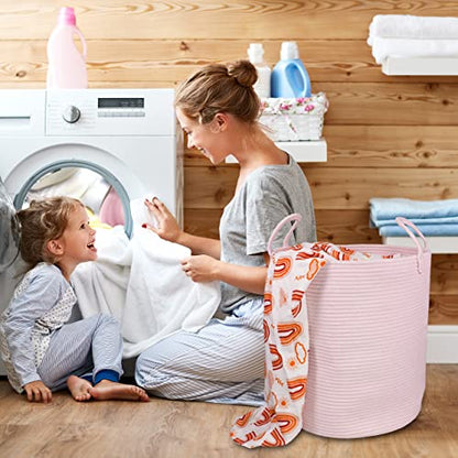 XUANGUO Cotton Rope Laundry Basket Hamper for Girls Kids Baby Nursery Pink | Large Nursery Hamper Bin and Woven Storage Basket for Living Room Girls Room Boho Tall Rope Baskets for Blankets Toys