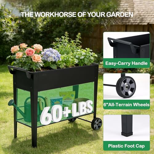 2-Pack 32" Tall Elevated Raised Garden Bed with Wheels and Shelf | Rolling raised garden planter, heavy-duty anti-rust steel, 400 lbs, storage, drainage, for herbs, flowers, patio, balcony