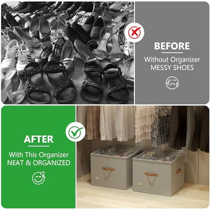Vincona Shoe Organizer for Closet,2 Pack Shoe Storage Bins Foldable Shoe Storage Box Containers with Clear Cover and Sturdy Handles,Shoe Rack for Closet Storage for Sneakers Heels Slippers (Grey)