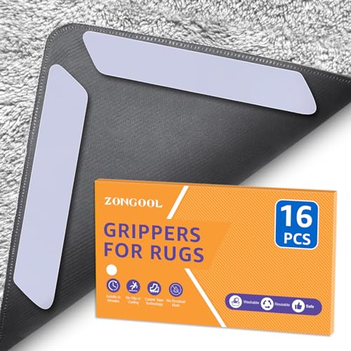 ZONGOOL 16PCS Rug Tape Non Slip Rug Pad Grippers Double Sided Carpet Tape | No Damage Floor Reusable Washable Grippers No Residue Rug Corners For Hardwood Tile&Laminate Floors Anti-Curl Rug Stickers
