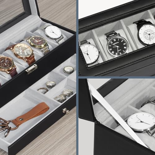 Watch Box for Men 6 Slot,Double Layer Mens Watch Case Display Organizer with Real Glass Top,Large Holder for 50mm Watches,PU Leather Jewelry Drawer Storage Valet Tray for Men,Black