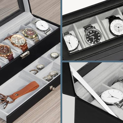 Watch Box for Men 6 Slot,Double Layer Mens Watch Case Display Organizer with Real Glass Top,Large Holder for 50mm Watches,PU Leather Jewelry Drawer Storage Valet Tray for Men,Black