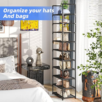 Simple Trending 10 Tiers Tall Shoe Rack for Closet, Black | Narrow Shoe Shelf, Holds 20 Pairs, Shoe Organizer Storage, With Hooks