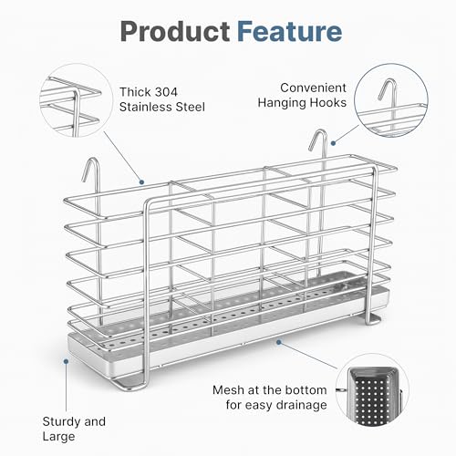 KESOL 304 Stainless Steel Utensil Holder Drying Rack with Hooks, 2x8.7x5 | Utensil Drying Rack, Sink Caddy, Silverware Drying Rack Spoon Organizer, 3 Divided Compartments, Rust Proof, No Drilling