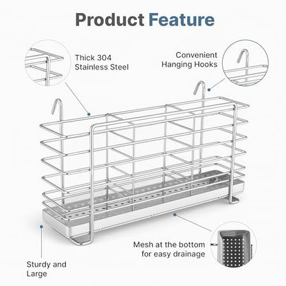 KESOL 304 Stainless Steel Utensil Holder Drying Rack with Hooks, 2x8.7x5 | Utensil Drying Rack, Sink Caddy, Silverware Drying Rack Spoon Organizer, 3 Divided Compartments, Rust Proof, No Drilling