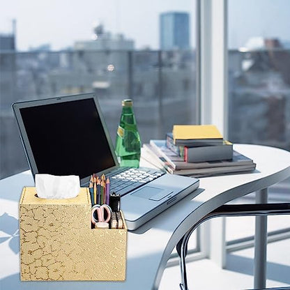 Sumnacon Square Leather Tissue Box Cover - PU Cube Tissue Box Holder with Side Organizer, Decorative Tissue Box for Living Room Vanity Night Stand Desk Countertop Office, Gold