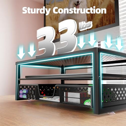 Simple Trending Metal Monitor Stand Riser and Computer Desk Organizer with Drawer for Laptop, Computer, iMac, Black | 16"W x 10"D x 6.25"H. Sturdy Metal Frame. 2-tier + drawer. Holds 66 lbs. Anti-slip. Fits laptop, monitor, iMac. Easy assembly