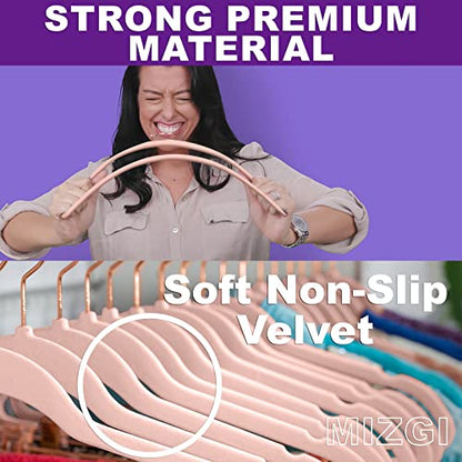MIZGI Velvet Hangers 50 Pack Non Slip Heavy Duty Blush Pink Rose Gold Hooks | Felt Hangers | Slim Space Saving | 360° Swivel Hook | Closet Organization | Suits, Coats, Dresses | Dorm Essentials
